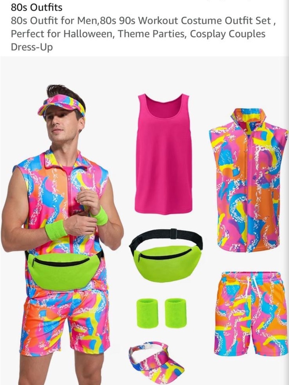 Amazon Men’s 80s Neon Workout Set - Pink, Neon Green, Blue, Orange
